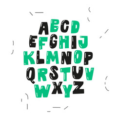 The Latin alphabet is written in bold, colorful font. Children's funny font. Lettering. Capital letters with highlights