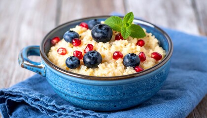 A vibrant and appetizing bowl of creamy porridge topped with fresh fruit and herbs presentation