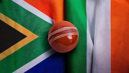red cricket ball placing between south africa and ireland flag