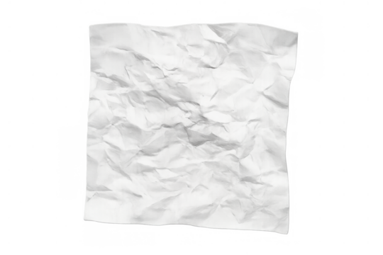 Crumpled white paper sheet showing a textured surface with irregular wrinkles and folds, isolated on a transparent background