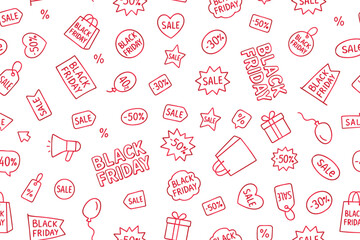 A seamless pattern with Black Friday themes, featuring price tags, various sale icons, and discount percentages.