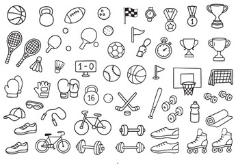 Vector illustration showcasing various sports equipment icons. Includes basketballs, tennis rackets, dumbbells, and more. Perfect for designing sports-themed materials or educational resources.