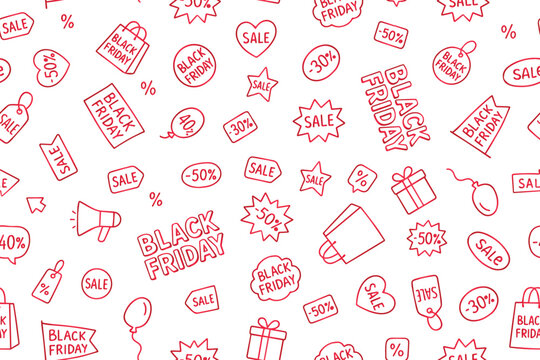 A seamless pattern with Black Friday themes, featuring price tags, various sale icons, and discount percentages.