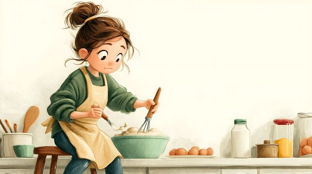 A young girl mixing dough in a large pastel bowl under soft lighting rendered in a painterly illustration style for home cooking concept