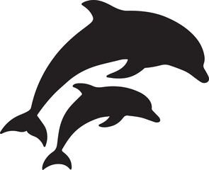  Silhouette of a dolphin and baby dolphin jumping together isolated on white background