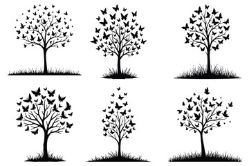 Obraz premium Six black silhouette trees with butterflies and grass