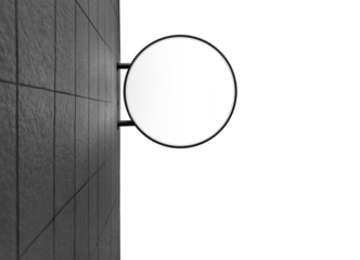 Wall mounted circular light box advertising sign with black tile wall isolated on white background