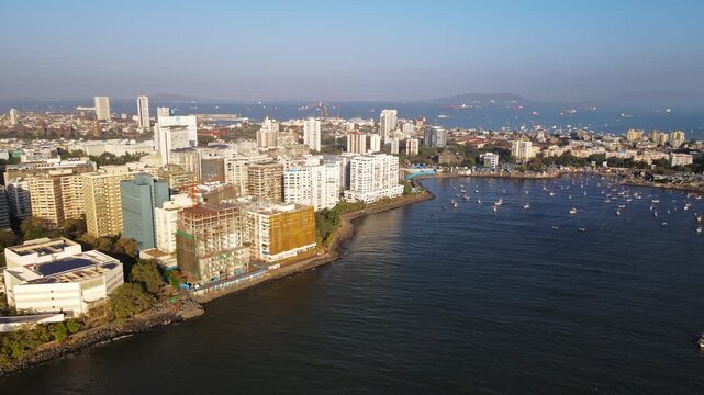 Aerial view of the Mumbai skyline featuring high-rise buildings in South Mumbai, Maharashtra, India. A cinematic shot capturing the stunning cityscape of Mumbai&rsquo;s iconic financial district.