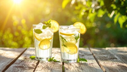Refreshing Summer Drinks: Lemonade with Mint and Ice on a Rustic Wooden Table