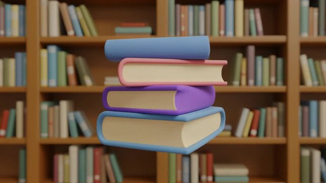 Stacked Colorful Books Floating in Front of a Wooden Bookshelf with Soft Lighting