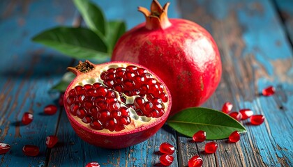 Vibrant pomegranates, halved fruit revealing juicy seeds, on rustic blue wooden surface