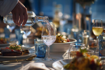 Obraz premium Waitress pouring water into glasses at a dinner table