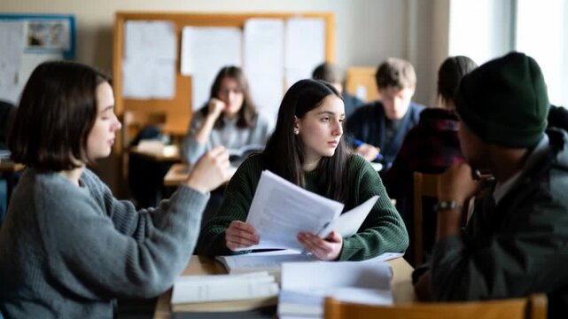 Students collaborating on a group assignment in a classroom during the school day, focused discussion and peer learning with papers and textbooks on the table for academic study