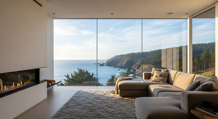 Luxury modern home interior with vast ocean view through expansive glass windows, featuring a cozy fireplace and stylish sectional sofa.