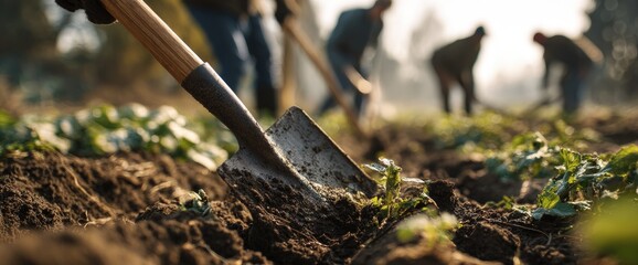 Hands tilling dark rich soil with shovels