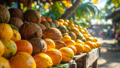A vibrant tropical fruit stand displays fresh produce under a canopy, sunlight illuminating the colorful display