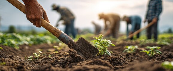 Close-up of hands using a shovel to cultivate a field, with other farmers working in the background