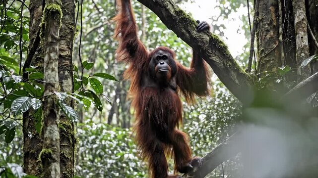 A stunning representation of nature's evolutionary design, featuring a wild orangutan hanging gracefully in a verdant jungle canopy