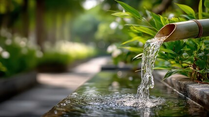 Obraz premium Bamboo tube pouring water in a tranquil japanese garden