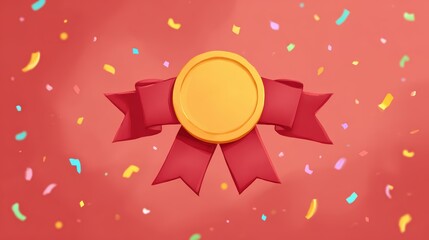 Gold medal with red ribbon and colorful confetti on red background, symbolizing achievement, celebration, and success in festive mood