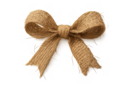 Rustic burlap bow on transparent background, symbolizing gift wrapping, natural crafts, ecofriendly packaging, and decoration
