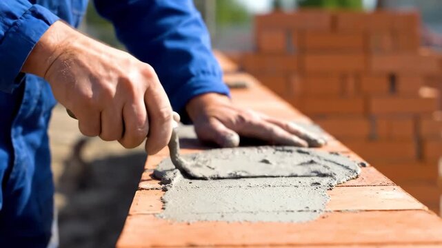A construction worker in a blue uniform applies grey mortar to a stack of red bricks using a metal trowel at an outdoor building site.