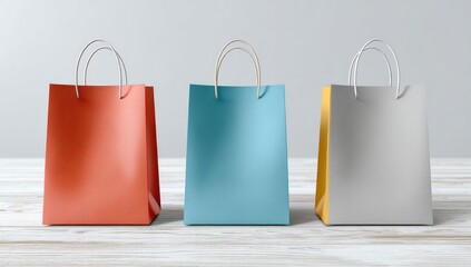 Three colorful shopping bags on a light wood surface
