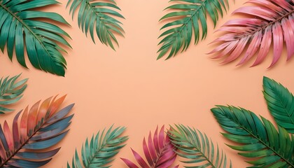 Vibrant Tropical Background with Exotic Painted Palm Leaves — Minimal Fashion Summer Flat Lay Concept Design