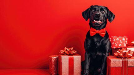 A black dog with a red bow tie sits beside wrapped gifts against a vibrant red background, exuding a festive holiday spirit.