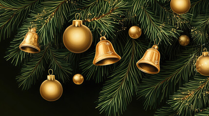 Golden bells and festive ball ornaments adorn a winter holiday pine tree, perfect for a Christmas season celebration illustration or card border