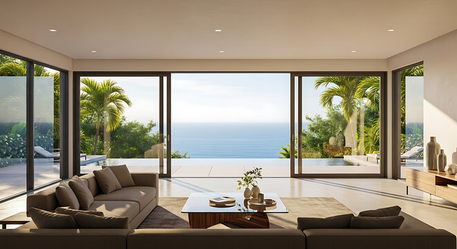 Contemporary luxury living room with expansive ocean view, tropical landscape, modern furniture, and a serene infinity pool.