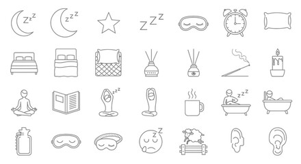 Discover tranquility with these calming icons for sleep, relaxation, and peaceful rest, perfect for wellness and self-care themes