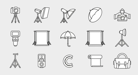 Professional photography studio equipment icons capturing creative tools for stunning visual storytelling and impactful imagery