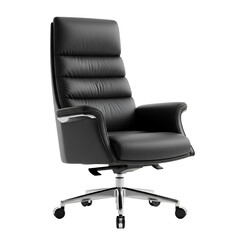 Elegant black leather office chair with chrome base and armrests.