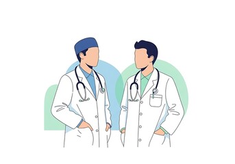 Fototapeta premium Two doctors in medical coats with stethoscopes discussing patient care and healthcare isolated on white background