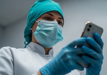 Medical professional wearing mask and gloves using smartphone for information or communication isolated on white background
