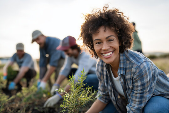 Smiling african female planting in community garden with diverse group