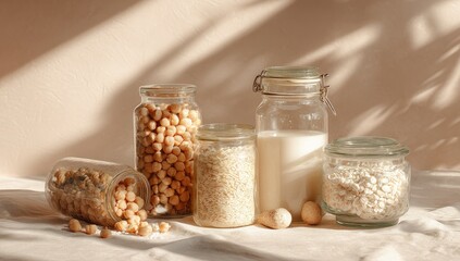 Glass jars of chickpeas, rice, and milk