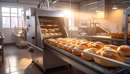 Freshly baked loaves of bread cooling in a modern bakery with industrial equipment and warm lighting