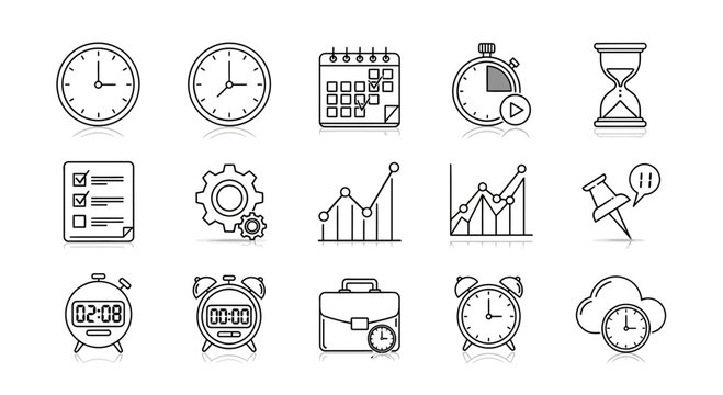 Organize your day with these modern icons for time management planning scheduling and productivity success