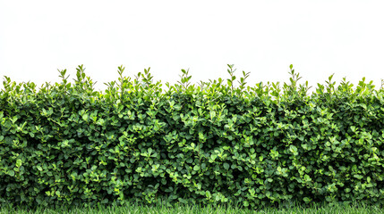 Green hedge fence made of dense shrubs, isolated on pure white background, natural garden boundary concept