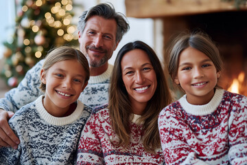 Smiling caucasian family enjoying christmas at home by fireplace