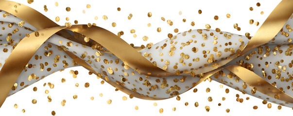 Gold confetti and ribbon background, isolated on transparent background