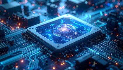 A futuristic microchip with a glowing core surrounded by intricate circuitry, symbolizing advanced technology