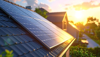 Solar panels installed on rooftops during sunset, showcasing renewable energy in a serene neighborhood