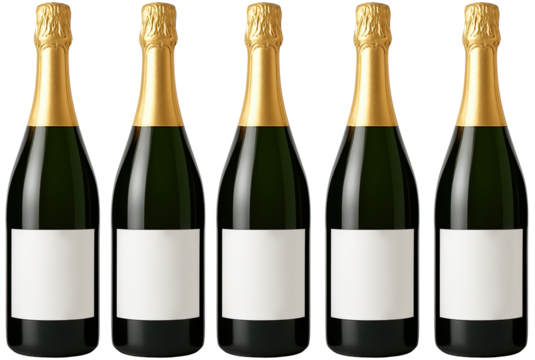 Champagne bottles arranged in a row for advertising, branding, or design mockups, blank lable