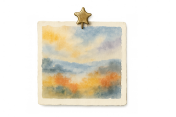 Vintage watercolor landscape painting on old paper held by a star push pin, symbolizing creative memories