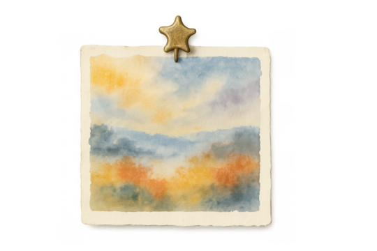 Vintage watercolor landscape painting on old paper held by a star push pin, symbolizing creative memories