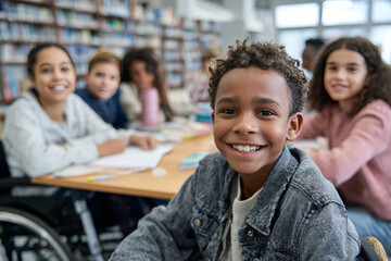 Diverse group of children studying together in a library