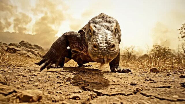 Capturing the primal design of a formidable Komodo dragon in its raw, dynamic habitat, showcasing the powerful presence of ancient wildlife